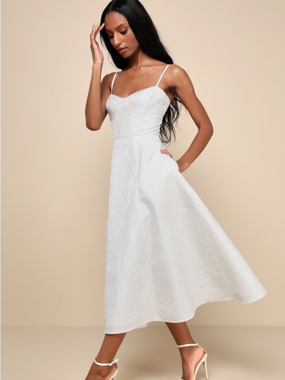 NWOT Lulus Meet for Tea White Jacquard Bustier Midi Dress With Pockets